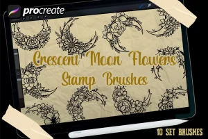 Crescen Moon Flower Vintage brush stamp