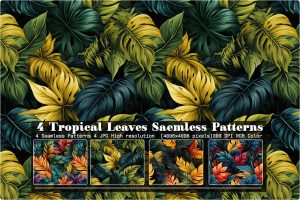 4 Tropical Leaves Seamless Patterns