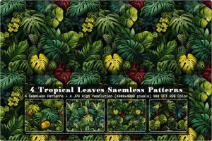 4 Tropical Leaves Seamless Patterns Backgrounds