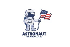 Astronaut Holding USA Flag Cartoon Logo