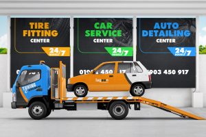 Car On Tow Truck Near Car Service Mockup