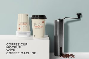 Coffee cup mockup with coffee machine