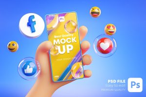 Cute Hand Holding Phone Facebook Icons Around 3D