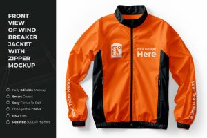 Front view of wind breaker jacket with zipper