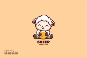 Gold Coin Sheep Cute Kawaii Creative Mascot Logo