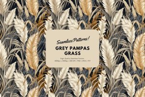 Grey Pampas Grass Seamless Pattern