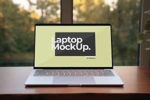 Laptop Mockup On Wooden Table #04