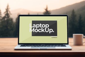 Laptop Mockup On Wooden Table #08
