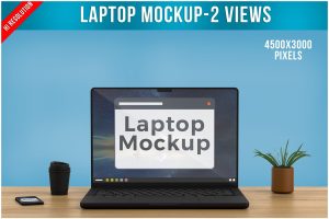Laptop on wooden Table Mockup PSD