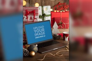 Mockup of a MacBook Pro Placed on a Christmas-Deco