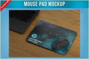 Mouse Pad on Wooden Table Mockup