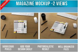 Open Magazine on Wooden Table Mockup