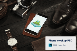 Phone, watch, wallet, shoes and old camera mockup