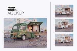 Set Vintage Food Truck Scene Mockup