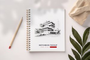 Sketchbook Mockup with Natural Elements and Shadow
