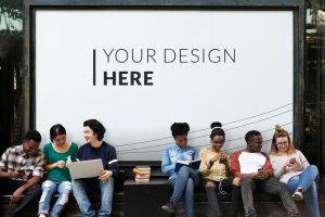 Students sitting together outdoor mockup