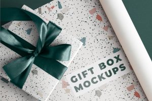 Terrazzo gift box mockup with green ribbon