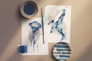 Two A5 Watercolor Paper Mockup with Brush