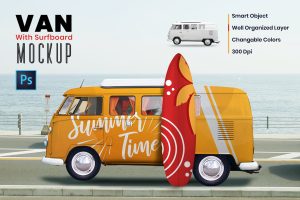 Van with Surf Board Mockup