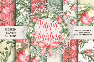 Watercolor “Happy Christmas” digital papers