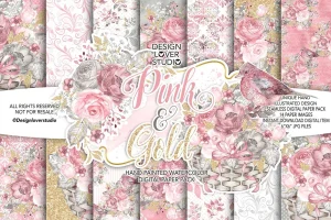 Watercolor PINK and GOLD digital paper pack